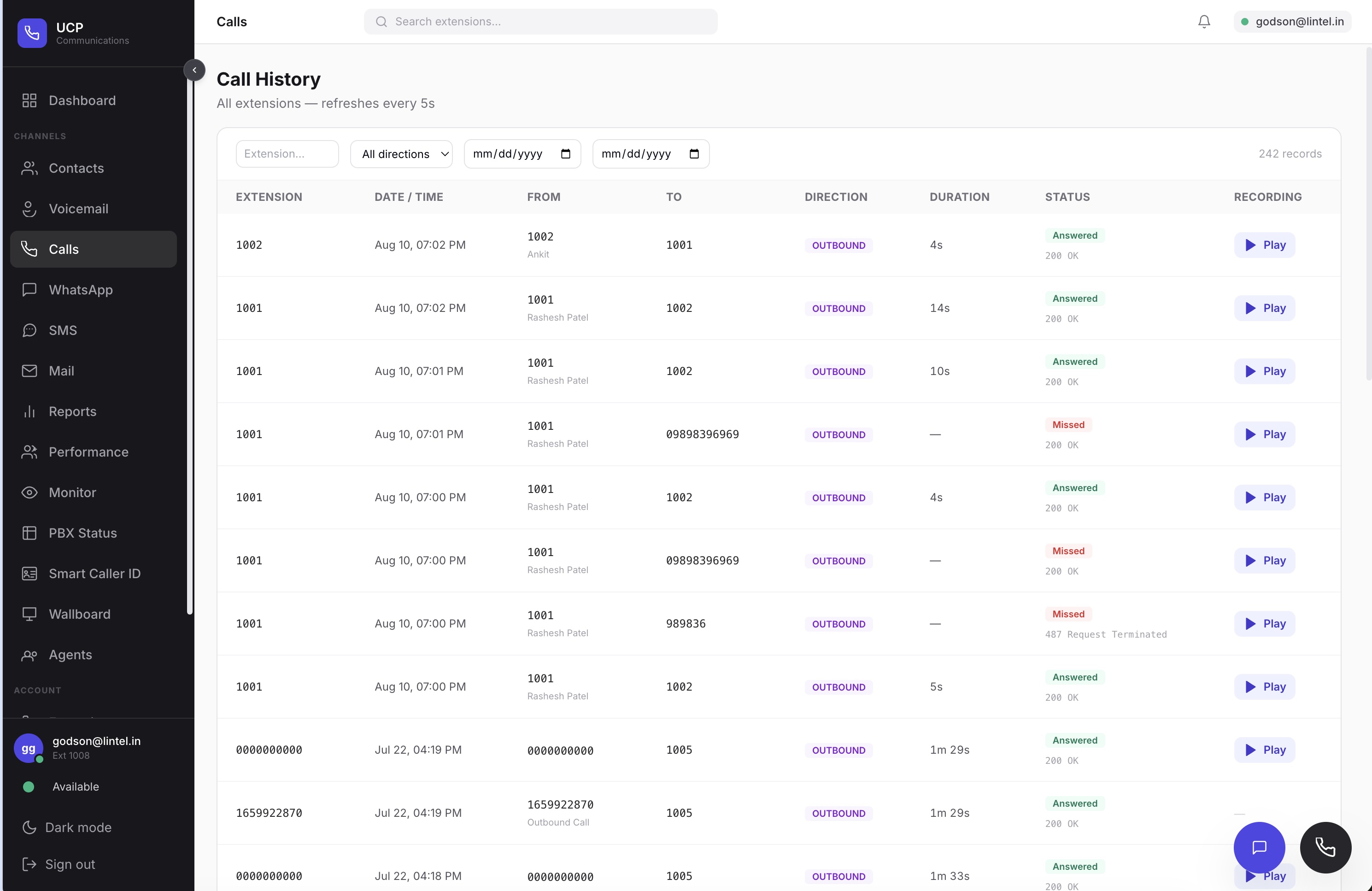 Cloud PBX call history with inbound and outbound call status