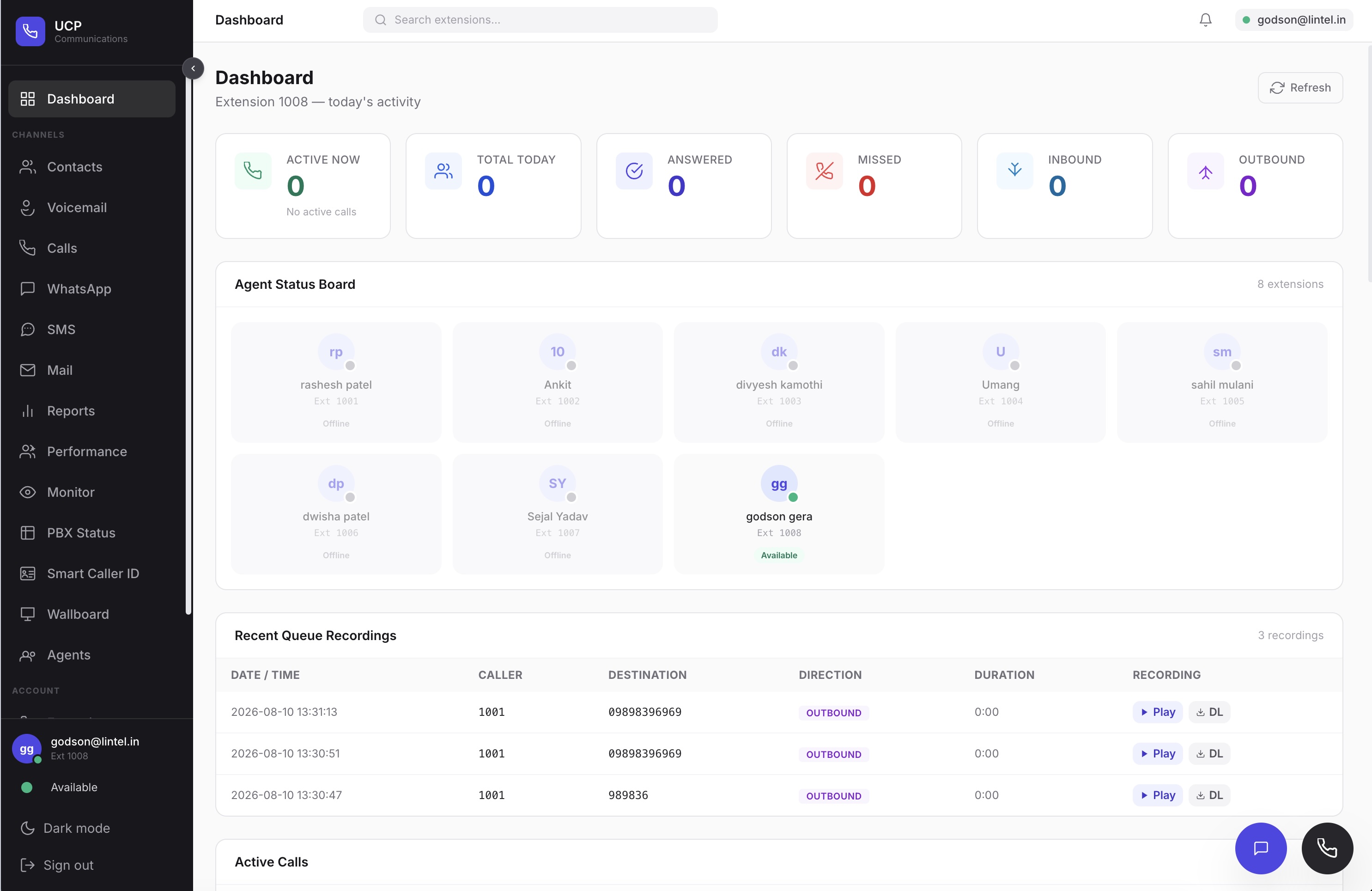 A1ROUTES Cloud PBX dashboard with agent status board