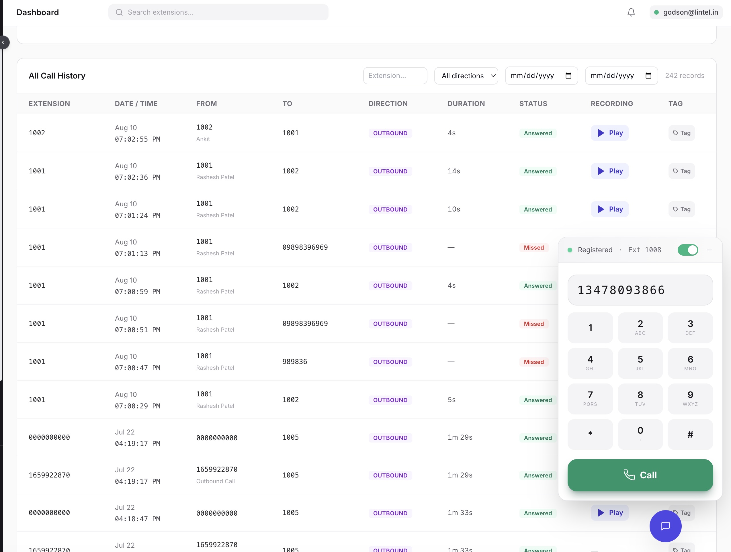 Cloud PBX embedded dialler beside live call history